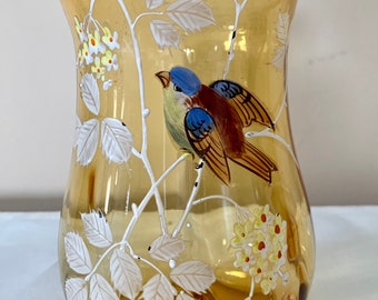 Vintage Czech Bohemia Amber Glass Vase Enamelled Bird On Branch