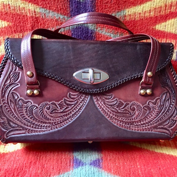 Vintage Tooled Leather Purse Handbag Two Tone Brown Box Style