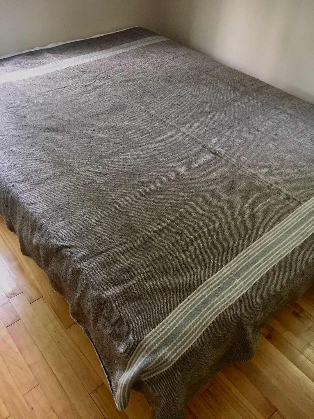 Vintage Homespun Wool Blanket Grey With Striped Ends Etsy