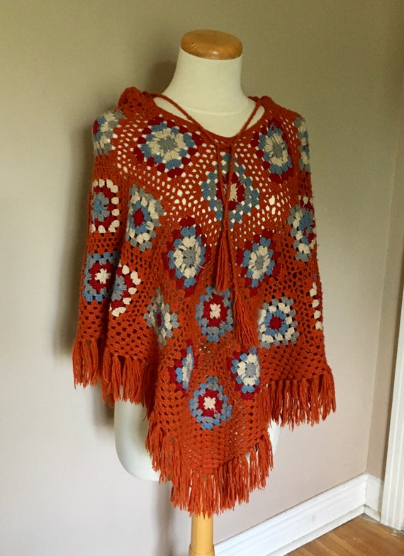 Vintage Granny Square Poncho With Hood