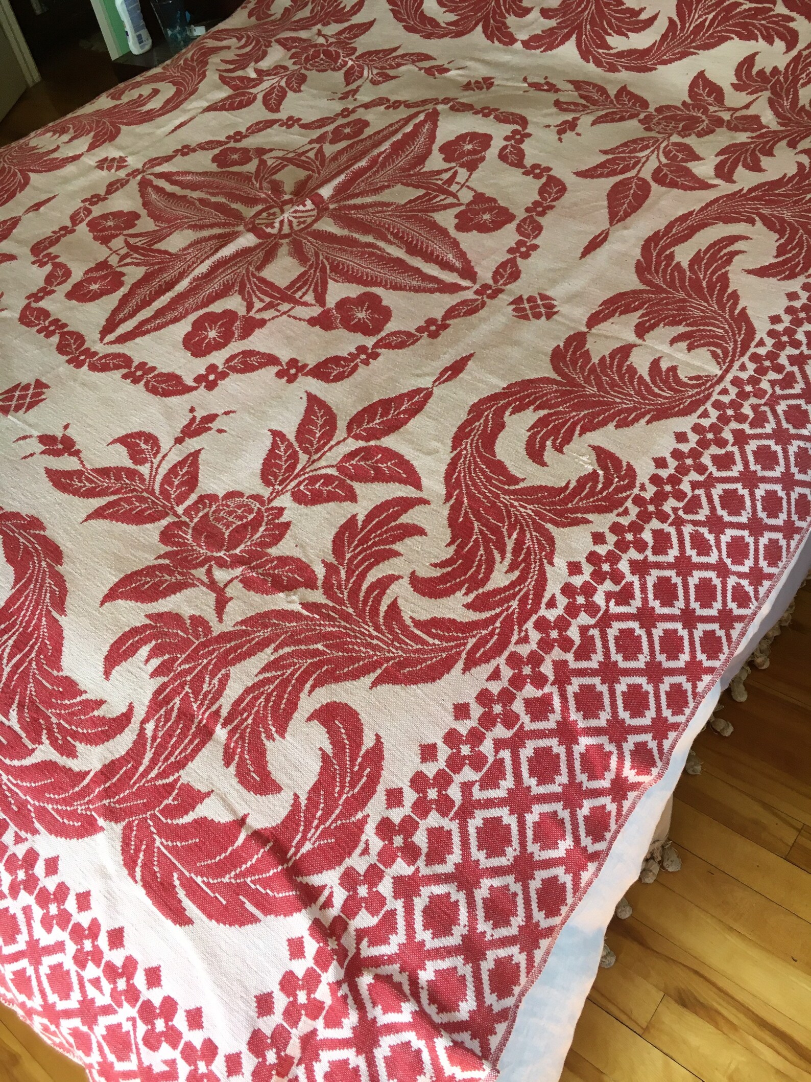 Vintage Jacquard Woven Coverlet Red & Cream Flowers Ferns Etsy