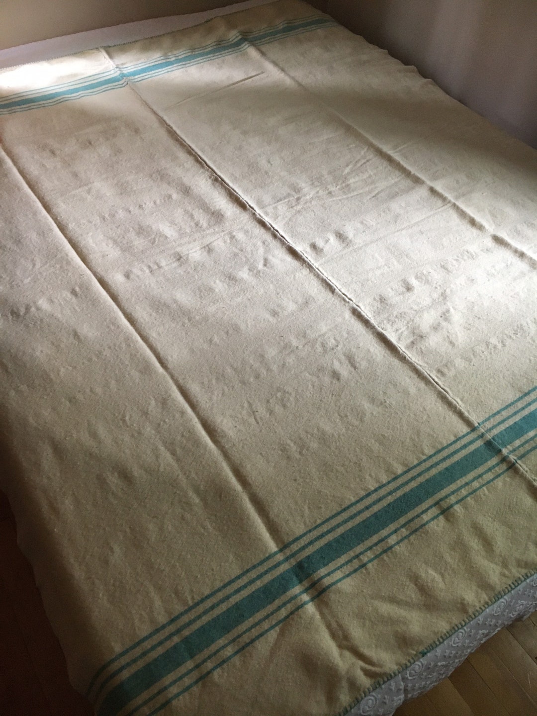 Vintage Homespun Wool Blanket Center Seam Turquoise Striped Ends Etsy