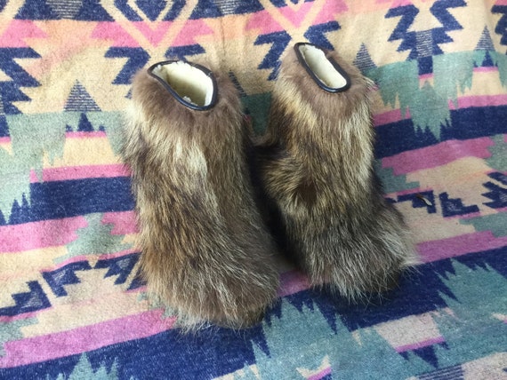 Vintage Raccoon Fur Ankle Boots Winter Boots
