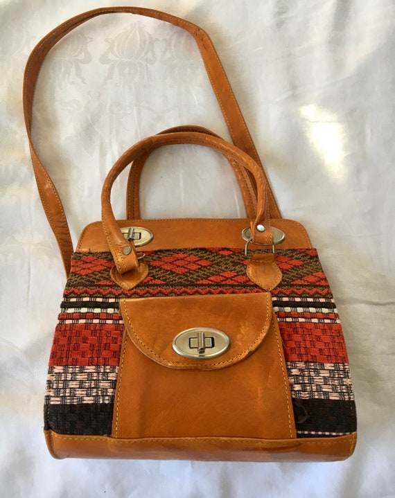 Vintage Leather Chenille Woven Purse Handbag