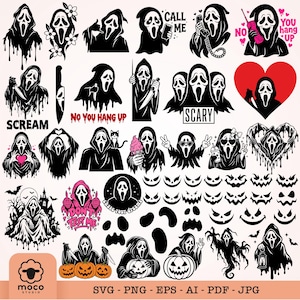 Op de afbeelding: Een verzameling zwart-witte grafische illustraties met het Ghostface-personage in diverse houdingen, waaronder met messen, telefoons, pompoenen en ijsjes, met enkele ontwerpen voorzien van rode harten, tekst en griezelige elementen.