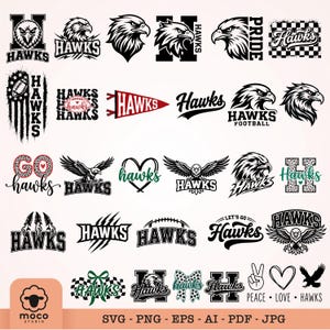 May include: A collection of black and white digital graphic designs featuring hawk and eagle imagery, the word HAWKS, the letter H, footballs, pennants, hearts, and checkered patterns. Text includes HAWKS, GO HAWKS, PRIDE, and PEACE LOVE HAWKS.