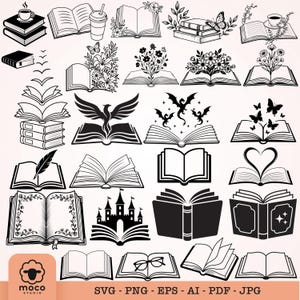 Puede incluir: Una colección de ilustraciones de arte lineal en blanco y negro con varios libros abiertos y cerrados, algunos decorados con flores, mariposas, dragones, un castillo, una pluma y tazas de café, con el texto SVG - PNG - EPS - AI - PDF - JPG.