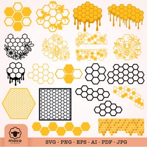 May include: A digital collection of honeycomb and bee illustrations in yellow and black. The set includes various hexagonal patterns, dripping honey designs, floral accents, and bee motifs. Text at the bottom reads: moco studio SVG - PNG - EPS - AI - PDF - JPG.