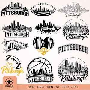May include: A collection of black and white graphic designs featuring the Pittsburgh skyline, bridges, footballs, and basketballs. The word Pittsburgh is displayed in various fonts and styles, including a heart shape and a pennant flag design.