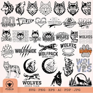 May include: A collection of black and white digital graphic designs featuring wolf heads, howling wolves, paw prints, and the text Wolves, Wolfpack, and Wolfpack Dance Team. The designs include various artistic styles such as silhouettes, line art, and geometric patterns, presented as a set of vector-style illustrations for creative projects.