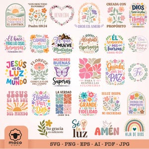 Könnte beinhalten: Eine Sammlung von neunundzwanzig digitalen Grafikdesigns mit Blumenmotiven, Regenbögen, Schmetterlingen und religiösen Texten auf Spanisch. Die Illustrationen enthalten verschiedene farbenfrohe Typografiestile, botanische Elemente und inspirierende Sätze, die in einem Raster angeordnet sind.