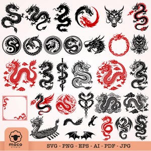 Puede incluir: Una colección de ilustraciones de dragones en negro y rojo con diversas poses, motivos circulares y criaturas míticas. El conjunto incluye dragones individuales, cabezas de dragón, dragones alados y un barco dragón en estilo gráfico.
