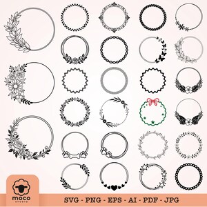 Könnte beinhalten: Eine Sammlung von dreißig kreisförmigen Rahmen und Kränzen in schwarzer Strichzeichnung mit floralen, botanischen, geometrischen und tierischen Motiven. Ein grüner Kranz enthält eine rote Schleife. Der Text unten lautet: moco studio SVG PNG EPS AI PDF JPG.