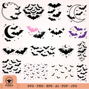 Puede incluir: Una colección digital de siluetas de murciélagos negros, lunas crecientes y estrellas en varias disposiciones. Algunos diseños presentan murciélagos morados o rosas y pequeños corazones de colores. El texto inferior dice SVG - PNG - EPS - AI - PDF - JPG.
