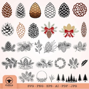 May include: A collection of digital illustrations featuring various pine cones, pine branches, needles, wreaths, and forest silhouettes in black, brown, and green. The set includes detailed line art, solid silhouettes, and festive designs with red bows.