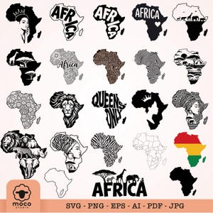 Pode incluir: Uma coleção de vinte e cinco designs gráficos em preto e branco representando o continente africano em vários estilos, incluindo silhuetas de animais selvagens, padrões florais, motivos tribais, retratos de mulheres e o texto Africa e Queens Only.