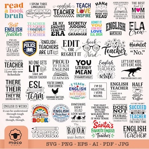 Könnte beinhalten: Eine Sammlung von schwarzen und mehrfarbigen Grafikdesigns mit verschiedenen Zitaten zum Thema Englischlehrer, Typografie und Illustrationen, darunter Bücher, Stifte, Brillen und Dinosaurier, präsentiert in einem Rasterlayout für die digitale Nutzung.