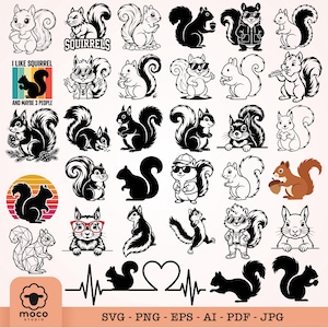 May include: A collection of squirrel illustrations featuring various poses, silhouettes, and styles, including squirrels with sunglasses, acorns, and geometric patterns, alongside a heartbeat line graphic and the text I LIKE SQUIRREL AND MAYBE 3 PEOPLE.