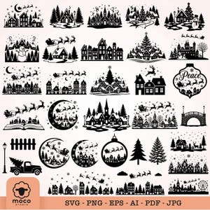 May include: A collection of black and white digital illustrations featuring Christmas themes, including winter villages, snow-covered houses, pine trees, Santa Claus with reindeer, crescent moons, ornaments, a bridge, and a truck carrying a tree.