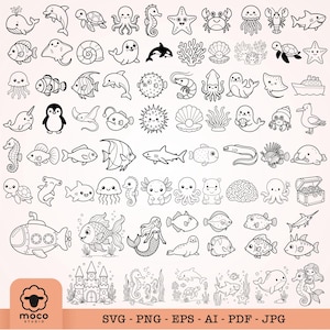 May include: A collection of black and white line art illustrations featuring various sea creatures, including whales, dolphins, turtles, octopuses, seahorses, fish, and a submarine. The bottom includes a logo with the text Moco Studio and file formats.