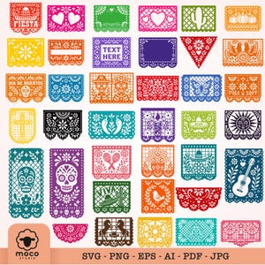 May include: A collection of colorful papel picado banners featuring intricate cut-out designs including skulls, flowers, hearts, cacti, guitars, birds, and suns. The set includes various rectangular and triangular shapes in vibrant hues.