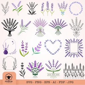 May include: A digital collection of lavender illustrations featuring various bouquets, wreaths, heart shapes, and frames in purple, green, and black outlines. The set includes individual sprigs, tied bundles, and a rectangular frame with the text your text here.