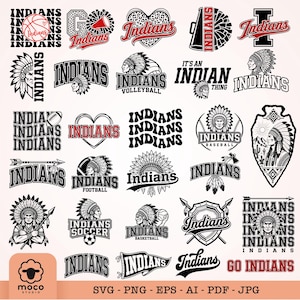 Könnte beinhalten: Eine Sammlung von schwarz-weißen Grafikdesigns mit dem Wort Indians, einschließlich verschiedener Sportthemen wie Basketball, Football, Fußball und Baseball, sowie Darstellungen von Kopfschmuck, Pfeilen, Herzen und Schilden in verschiedenen Stilen.