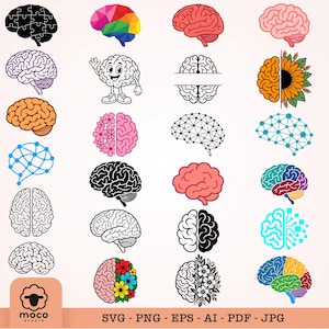 May include: A collection of twenty-eight diverse brain illustrations featuring various styles including solid black silhouettes, colorful geometric patterns, floral designs, sunflower motifs, digital network nodes, and a cartoon character.