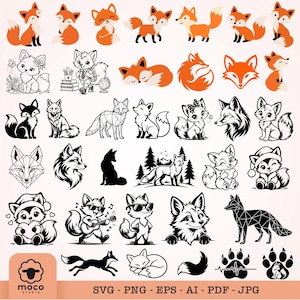 Pode incluir: Uma coleção digital de ilustrações de raposas com várias poses, incluindo designs sentados, dormindo e geométricos. O conjunto inclui gráficos em laranja e em preto e branco, com o texto moco studio SVG PNG EPS AI PDF JPG na parte inferior.