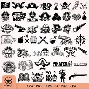May include: A collection of black and white pirate-themed graphic illustrations featuring skulls, ships, cannons, treasure chests, parrots, swords, barrels, spyglasses, and text elements like Pirates, Pirate Mom, and Yo Ho Ho and a Bottle of Rum.