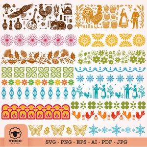 May include: A digital collection of folk-art style vector graphics featuring rows of floral patterns, geometric shapes, roosters, birds, butterflies, snowflakes, and figures in traditional clothing, with the text moco studio svg png eps ai pdf jpg.