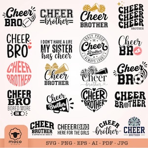 May include: A collection of twenty black and gold graphic designs featuring the text Cheer Brother, Cheer Bro, and related phrases like I don't have a life my sister has cheer, Cheer Bro bored more on, and Cheer Bro here for the girls with icons.