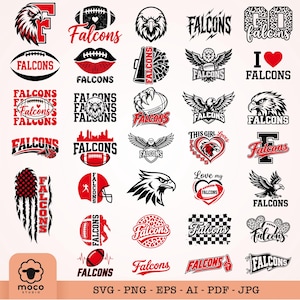 Puede incluir: Una colección de treinta diseños gráficos en negro, blanco y rojo con águilas, balones de fútbol americano, corazones y el texto Falcons. Los diseños incluyen varias ilustraciones deportivas, logotipos y elementos tipográficos en cuadrícula.