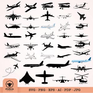 Può includere: Una collezione di sagome nere e illustrazioni dettagliate di vari velivoli, inclusi jet commerciali, aerei da combattimento militari ed elicotteri, disposti in una griglia, con il testo moco studio e i formati di file SVG, PNG, EPS, AI, PDF, JPG.