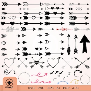 Op de afbeelding: Een verzameling zwart-rode grafische illustraties met diverse pijldesigns, hartmotieven, florale accenten en cirkelvormige kaders. De set bevat rechte, gebogen en gekruiste pijlen, inclusief het woord love geschreven in een rood lettertype.