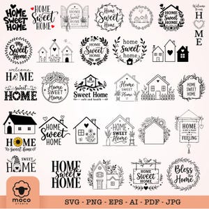 Peut inclure: Une collection de motifs graphiques numériques en noir et blanc présentant diverses illustrations de maisons, de couronnes florales et le texte Home Sweet Home, Bless this Home, et Home is not a place it's a feeling, en styles variés.