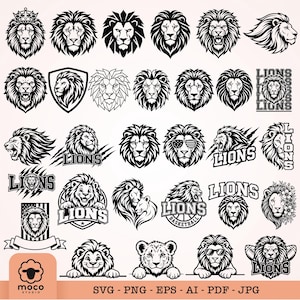Op de afbeelding: Een verzameling zwart-wit illustraties van leeuwenkoppen met diverse uitdrukkingen, stijlen en houdingen. Sommige ontwerpen bevatten de tekst LIONS, basketbalmotieven, bloemaccenten, Amerikaanse vlagpatronen en zonnebrillen in een raster.