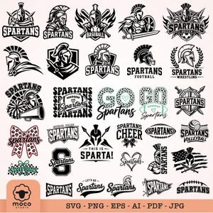 Spartans SVG-paket, Spartan Warrior Svg, Spartans Sports Team-logotyp, Go Spartans Svg, Spartans Maskot Svg, Spartans T-shirt, Spartans Varsity