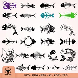 Puede incluir: Una colección de veinticuatro ilustraciones de esqueletos de peces en negro, morado, verde azulado y verde dispuestas en una cuadrícula. Los diseños incluyen varias estructuras de espinas, algunas con expresiones agresivas, un esqueleto pescando y detalles florales. El texto en la parte inferior dice: moco studio SVG - PNG - EPS - AI - PDF - JPG.