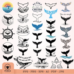 Pode incluir: Uma coleção de ilustrações de caudas de baleia em preto e azul com vários designs, incluindo ondas, um leme de navio e textos como Alaska Cruise Family Trip, You are enough e God is within her, she will not fall, com a marca Moco Studio.