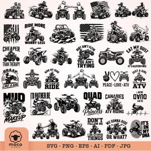Peut inclure: Une collection d'illustrations graphiques en noir et blanc représentant des véhicules tout-terrain et leurs conducteurs. Les motifs incluent divers slogans tels que Ride More Worry Less, Braap Like A Girl, Mud Is My Makeup et Eat My Dust.