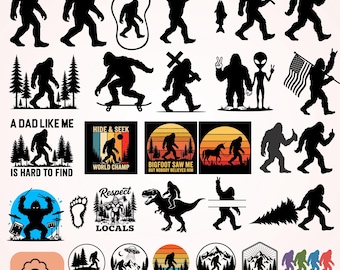 May include: A collection of black silhouette graphics featuring Bigfoot in various poses, including fishing, skateboarding, and walking. Text includes A DAD LIKE ME IS HARD TO FIND, HIDE & SEEK WORLD CHAMP, BIGFOOT SAW ME, RESPECT LOCALS, I BELIEVE, and SQUATCH.