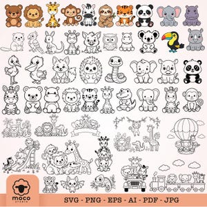 May include: A collection of digital illustrations featuring various cartoon animals, including bears, lions, giraffes, monkeys, zebras, elephants, and birds, presented in both full-color and black-and-white line art styles for creative projects.