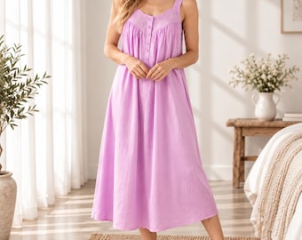 100% Cotton Personalized Multicolor Women’s Cotton Nightgown, Sleeveless Long Sleep Dress, Soft Button Front Nightgown, Maternity Nightgown