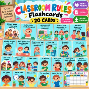 May include: A set of 20 classroom rules flashcards and a school timetable. Each card features colorful illustrations of children and text instructions like Listen when someone is talking, Raise your hands to speak, and Be kind and respectful.