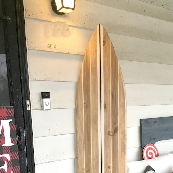 Large 6 foot wood Surfboard wall art in Vintage stained stripe design