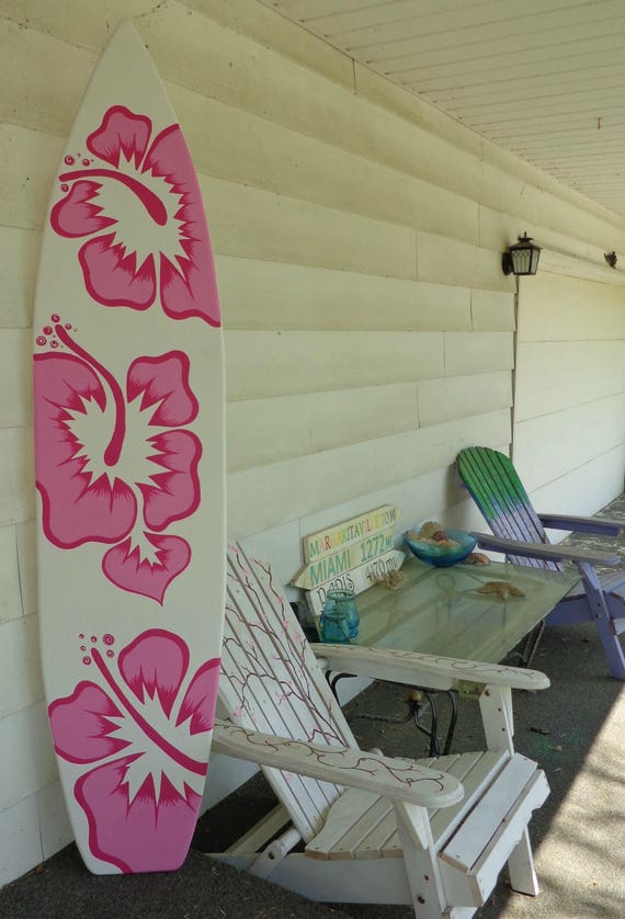 Hot Pink Hibiscus 6 Foot Wood Hawaiian Surfboard Wall Art Decor or