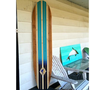 Large 6 foot Longboard style with multiple stripes. Natural, stained, white, and ombre blue stripes with diamond.