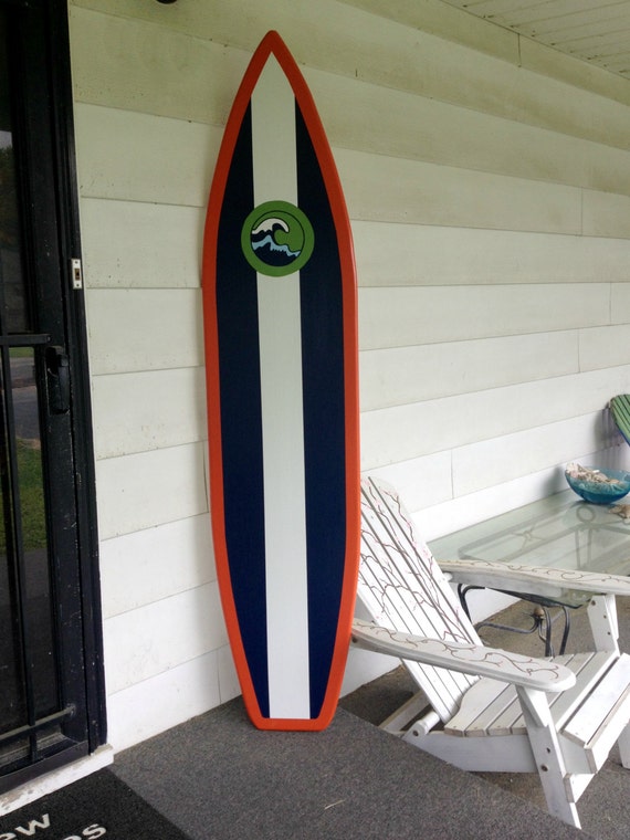 6 Foot Wood Surfboard Wall Art With Navy Orange And White Etsy