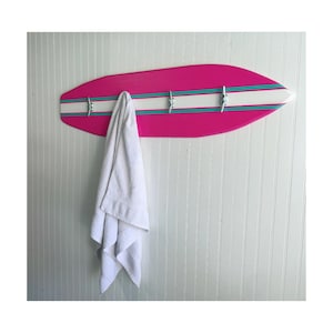 4 foot wood surfboard wall art with boat cleats for hanging towels rack , clothes, coat hooks etc..